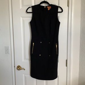 Tori Burch black sheath dress with brass zippers and details